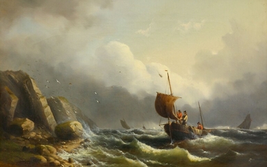 Marinemaler des 19. Jh., Fischersegelboot mit drei Personen dicht vor steiler Küste