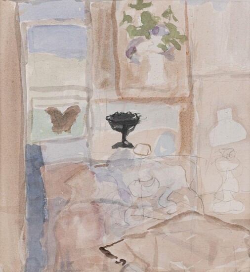 Mary Potter, British 1900-1981 - Butterfly and Black Bowl; watercolour and pencil on paper, 24.1 x 22.5 cm (ARR) Exhibited: The Fine Art Society, London, Mary Potter 1900-1981: 60 Watercolours, April-May 1996, no.32 (according to the label attached...
