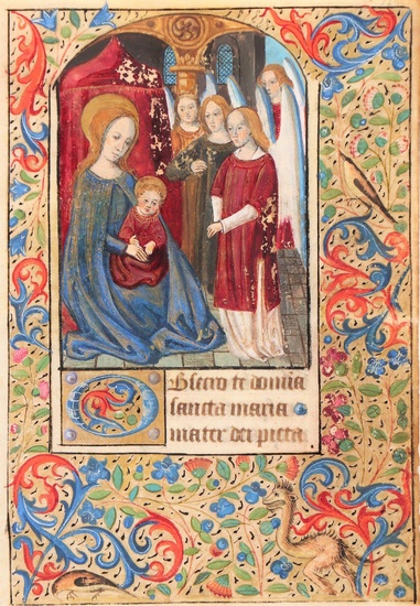[Medieval manuscripts. Miniatures]. (Mary holding the Christ child,...