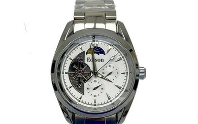 Mens Edison Quicksilver Gloss Finish & Brushed Stainless Steel Link Skeleton Chronograph Watch