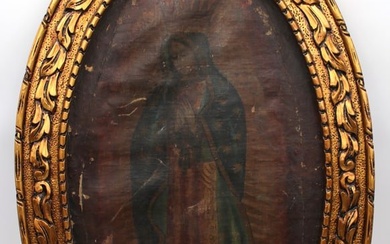 Mexican oil paint on Canvas retablo of 'Our Lady of Guadalupe', 19th century