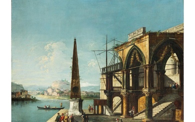 Michele Marieschi, 1710 Venedig – 1744, PALASTLOGGIA MIT OBELISK AN EINER HAFENBUCHT