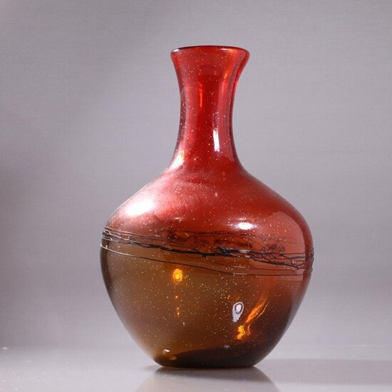 Mid-Century Modern Hand Blown Glass Vase Red to Orange