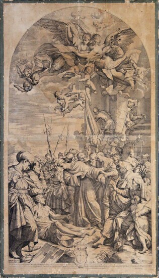 Miracolo di S.Antonio da Padova, incisione del Lorenzini riportata su tela, cm 96 x 56.