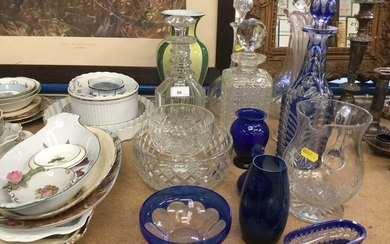 Mixed group of 19th century and later ceramics to include English teaware, blue glass and other decanters