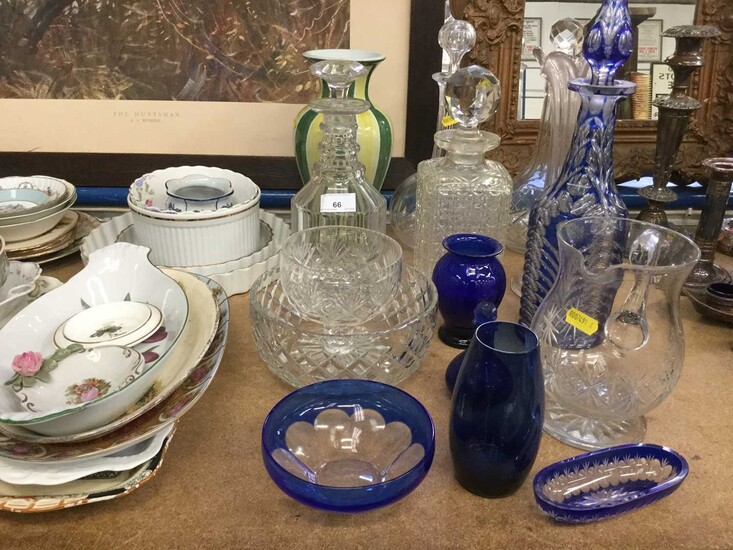 Mixed group of 19th century and later ceramics to include English teaware, blue glass and other decanters