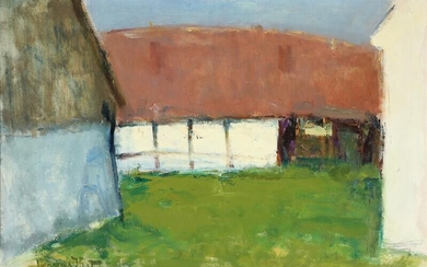 SOLD. Mogens Hertz: Composition with farmhouse. Signed Mogens Hertz. Oil on canvas. 66 x 100 cm. – Bruun Rasmussen Auctioneers of Fine Art