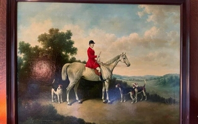 Mounted Huntsman with Hounds, Oil on Canvas