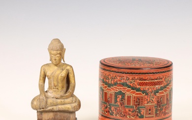 Myanmar, a lacquer box fitted with two dishes and a wood figure of Buddha, ca. 19th century