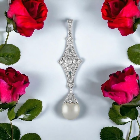 NEW South Sea Pearl Hearts & Arrows Diamond "Art Deco" ENHANCER in Platinum