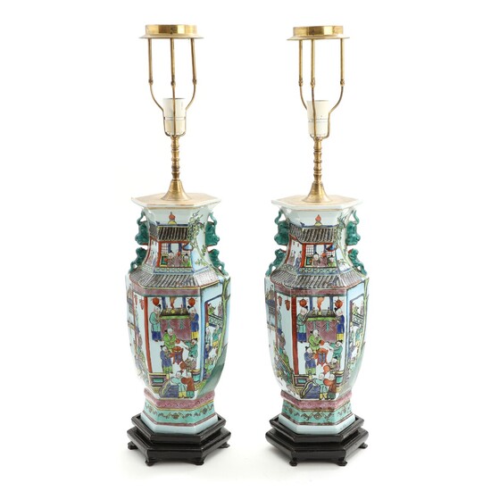 NOT SOLD. A pair of late 20th century Chinese porcelain table lamps, decorated with 100...