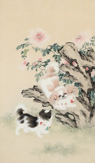 NOT SOLD. Chinese painter, 20th century: Two Pekingese playing. Unsigned. Watercolour on paper. Sheet size...
