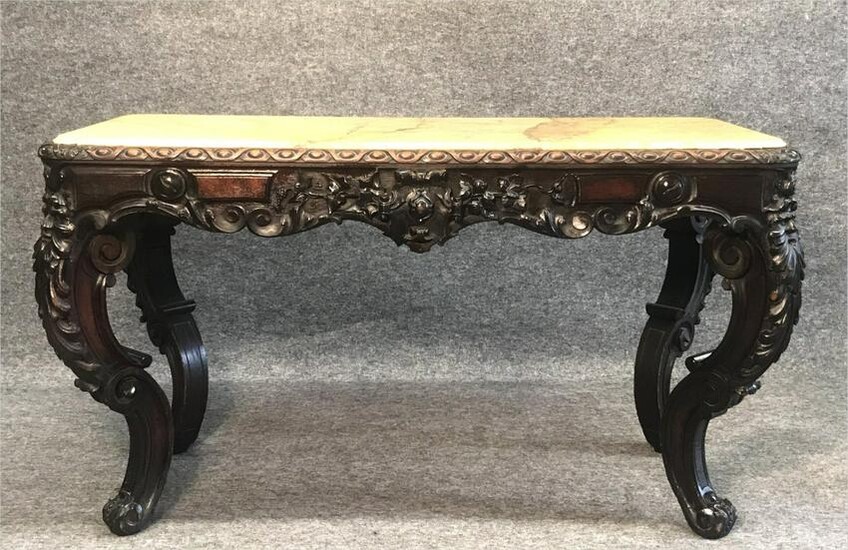 NY HEAVILY CARVED SIENNA MARBLE TOP CENTER TABLE PROB.