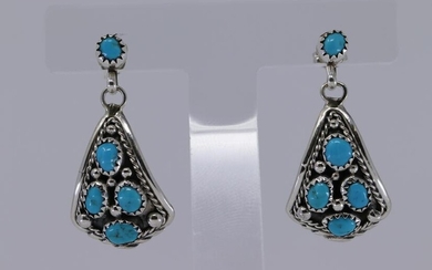 Navajo Handmade Turquoise Earrings In Sterling Silver