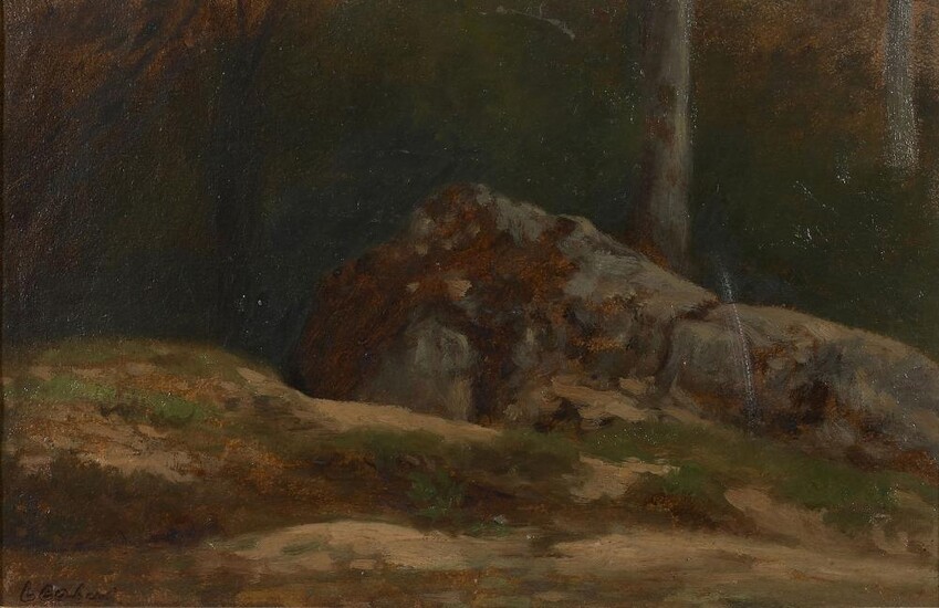 Nicolas-Louis CABAT Paris, 1812-1893 Paysage aux rochers dans une forêt Huile sur papier tendu sur carton