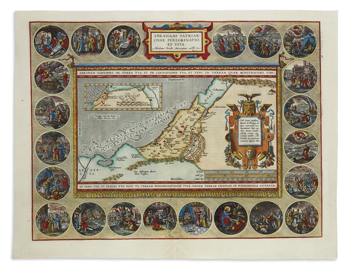 ORTELIUS, ABRAHAM. Abrahami Patriarchae Peregrinatio et Vita. Double-page engraved map of the Holy...