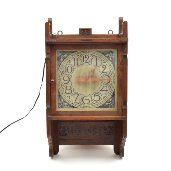 Oak electric "Art Nouveau" wall clock decorated with cut decorations,...