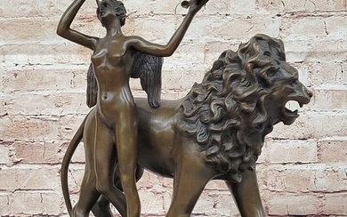 Original Artwork by Italian artist Aldo Vitaleh Bronze Lion with Angel Sculpture