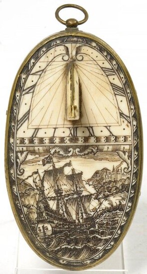 Oval quadripod sundial in carved ivory decorated with...