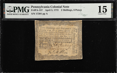 PA-157. Pennsylvania. April 3, 1772. 2 Shillings, 6 Pence. PMG Choice Fine 15.