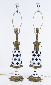 PAIR ANTIQUE BOHEMIAN GLASS ORMOLU MOUNTED LAMPS