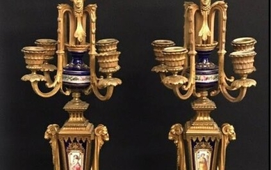 PAIR OF 19TH C. DORE BRONZE AND SEVRES CANDELABRA