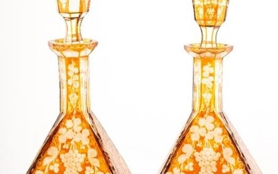PAIR OF EARLY BOHEMIAN GLASS DECANTERS