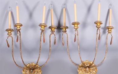 PAIR OF NEOCLASSICAL STYLE GILTWOOD AND METAL FOUR-LIGHT SCONCES