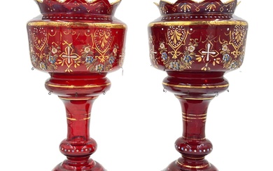 PAIR OF VICTORIAN RUBY GLASS LUSTRES Pair of Victorian...