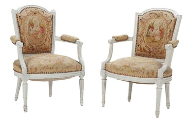 PAIR PAINTED LOUIS XVI STYLE NEEDLEPOINT OPEN ARM CHAIRS C...