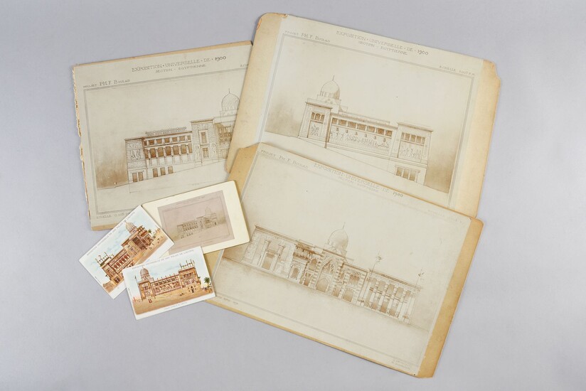 PALACE OF EGYPTFOR THE 1900 UNIVERSAL EXHIBITION.Set of three large photographic prints mounted on cardboard, dated April 1898, representing the pavilion built by the French architect Marcel Dourgon (1858-1911), for the 1900 Universal Exhibition...