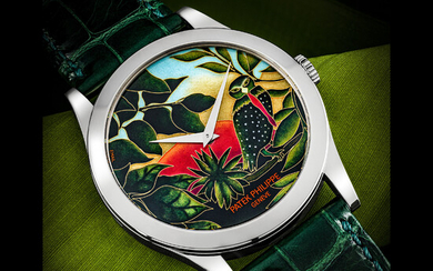 PATEK PHILIPPE. A GORGEOUS AND RARE 18K WHITE GOLD LIMITED EDITION AUTOMATIC WRISTWATCH WITH CLOISONNÉ ENAMEL DIAL BY ANITA PORCHET FEATURING A PAINTING BY HENRI ROUSSEAU REF. 5089G-053, CIRCA 2017
