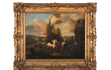 PIETER WOUWERMAN (NEERLANDAIS 1623-1682) Un élégant groupe de chasseurs se reposant près d'un chalet, une...