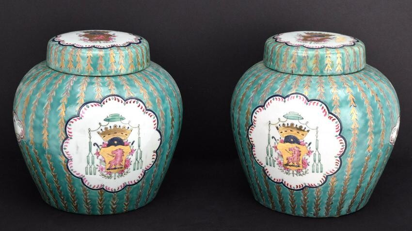 Pair Antique Chinese Export Coat Of Arms Porcelain