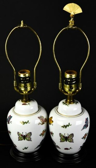 Pair Asian Porcelain Ginger Jar Style Table Lamps