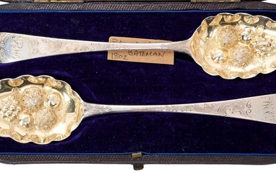 Pair George III silver table spoons, later converted to berry spoons, with ornate fruit bowls