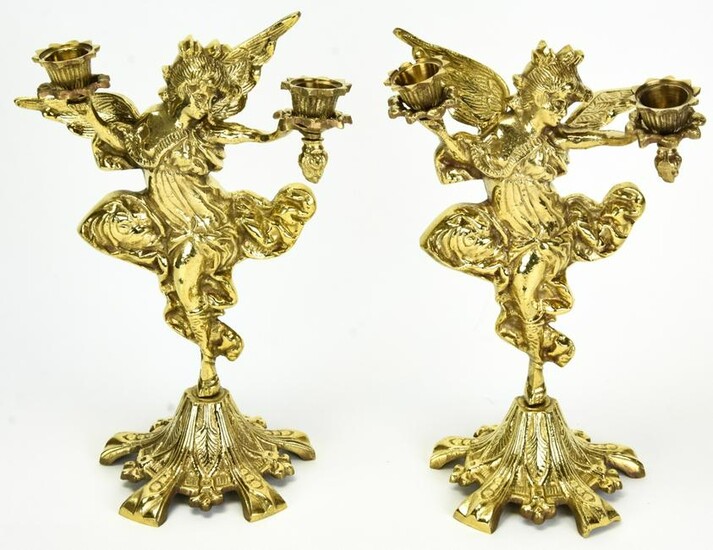 Pair Gilt Brass Fairy Motif Candlesticks