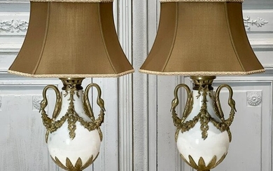 Pair Gilt Bronze And White Marble Table Lamps