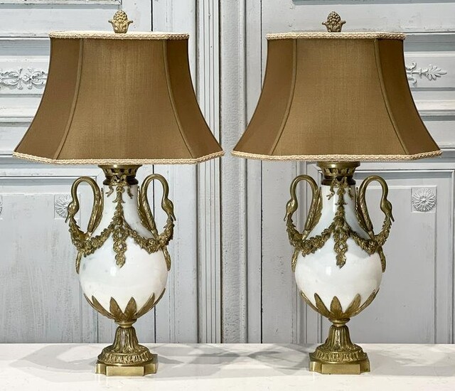 Pair Gilt Bronze And White Marble Table Lamps