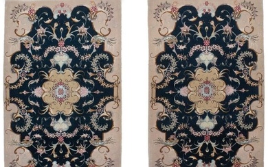 Pair Hand-knotted Small Classic Floral 2X3 Dark Navy Fine Oriental Rugs Carpet