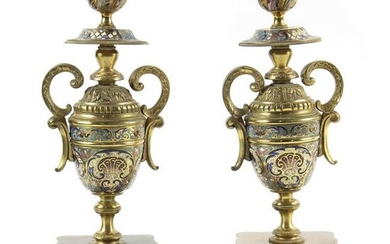 Pair Louis XV style champleve enamel candelabra