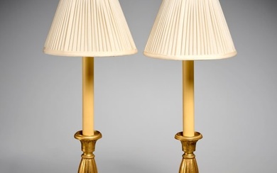 Pair Louis XVI style gilt bronze candlestick lamps