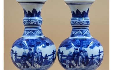 Pair Of Chinese Blue And White Vases Double Blue Ring M