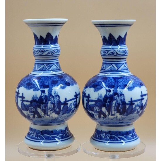 Pair Of Chinese Blue And White Vases Double Blue Ring M