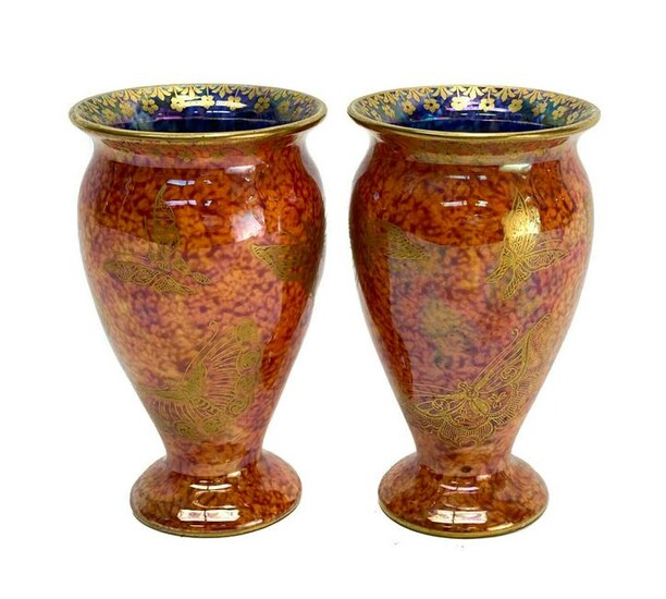Pair Wedgwood Luster Porcelain Gilt Butterfly Vases