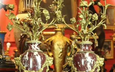 Pair large 19th century French Dore bronze candelabra with rouge marble