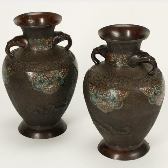 Pair of 19th Century Chinese Champleve Bronze Vases.