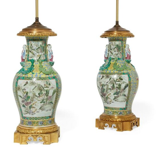 Pair of Chinese Famille Verte porcelain vase lamps