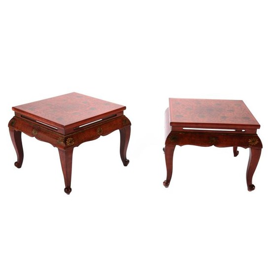 Pair of Chinese Gilt Decorated Red Lacquer Square