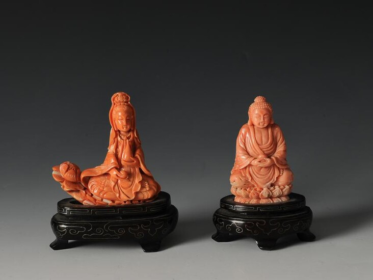 Pair of Coral Carvings of Guanyin & Buddha